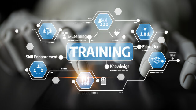 This image showcases a digital training concept featuring a robotic hand interacting with an advanced learning interface, emphasizing education and skill development. Tessel