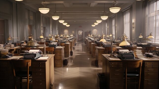 typewriter. Wide shot of a 1950s office with wooden desks and typewriters, empty chairs. pitch deck slides, case study pages, designed for corporate presentation decks and stakeholder reports.