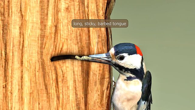 3D animation showing extensible woodpecker tongue used for insect feeding and tree bark extraction.