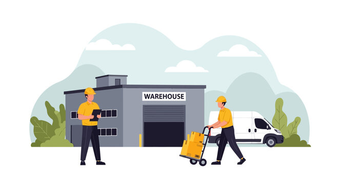 Two workers in yellow vests moving a dolly with boxes in front of a warehouse