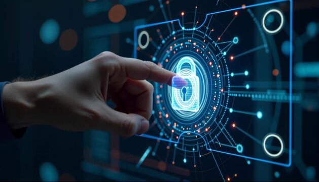 A hand sliding over a holographic memory encryption key icon. 