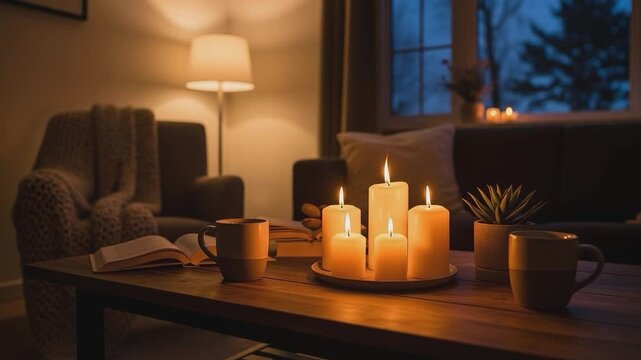 Serene Candlelight: A cozy living room scene at dusk, with the warm glow of candles illuminating a wooden table, creating a tranquil atmosphere for relaxation and contemplation. 