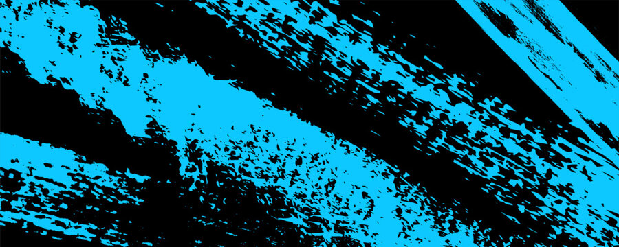 Brush stroke textured abstract background. Hand drawn neon blue scratches splatter grunge distressed black background. Grainy bold brush strokes texture for posters, banners, presentations
