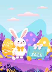 Naklejka premium Easter bunny holding sale sign decorated eggs colorful spring landscape pastel background holiday promotion banner