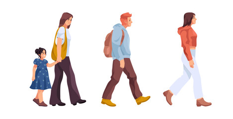 Naklejka na ściany i meble Side view of walking people. Vector isolated pedestrian cartoon personages wearing casual clothes and strolling. Mother with daughter and students. Human body in motion. Leisure and social life