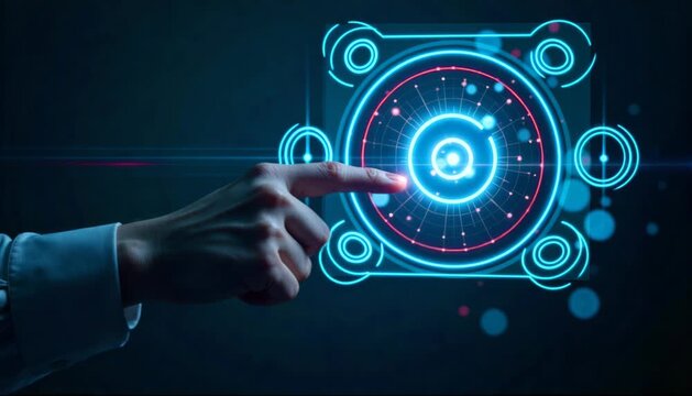 A hand swiping a holographic zero-delay teleport gate icon. 