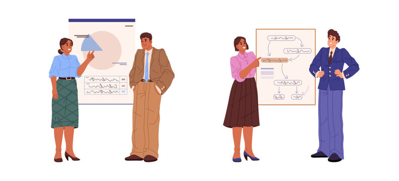 Businessmen working on project tasks. Vector isolated people showing presentation and thinking on possible business model success. Pitch or brainstorming, teamwork or consultation of specialist