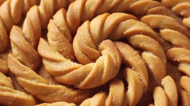 Warm tone photo of golden butter cookies in a spiral pattern on a plate