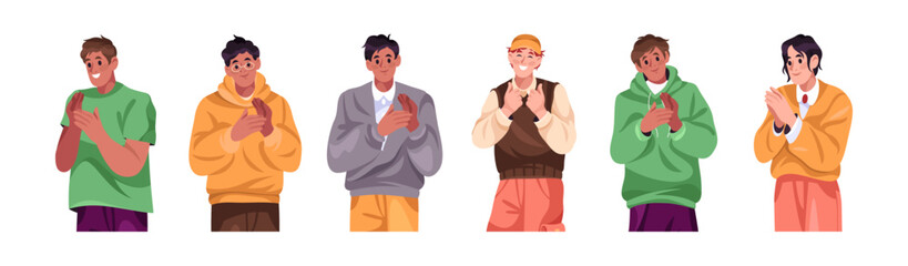 Fototapeta premium Men standing and clapping hands in applause. Vector isolated male characters smiling with joy and enthusiasm. Achievement, success or recognition. Positive communication in social environment