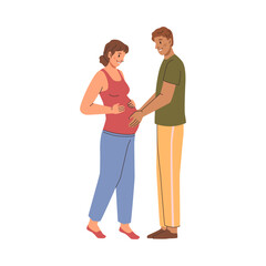 Fototapeta premium Husband and pregnant wife, isolated man and woman starting family together. Vector smiling male and female characters in love waiting for children, expectant lady and guy. New stage in life