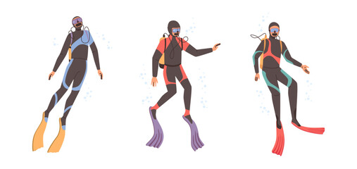 Diver characters wearing protective costumes, flippers and goggles, oxygen masks and tanks on shoulders. Vector scuba diving summer activity or sports, recreation and hobby. Underwater exploration © Sensvector