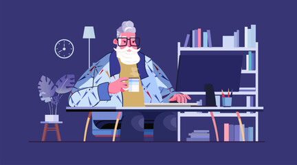 Senior man working at computer home office modern workspace bookshelves indoor plant lamp clock coffee cup creative desk © mast3r