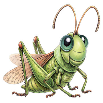 Cute cartoon grasshopper character isolated on black