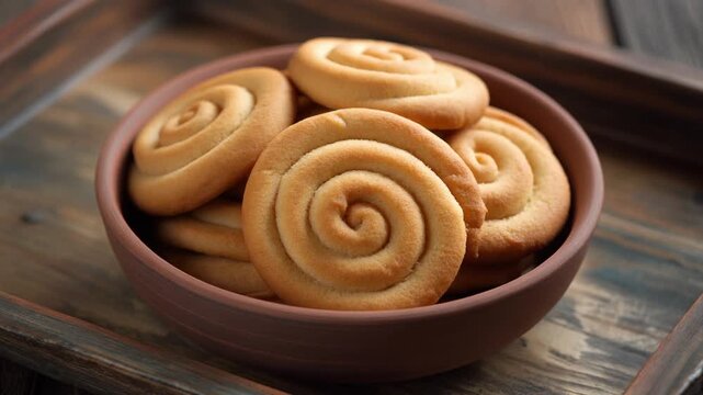 Golden butter cookies spiral shape in clay bowl on rustic tray background