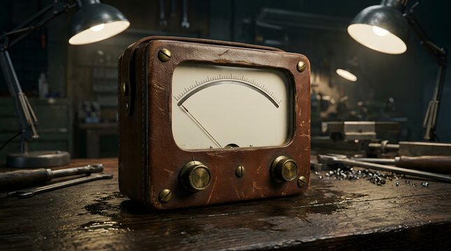 Vintage Analog Electrical Multimeter on Workbench Surrounded by Tools in Workshop Setting