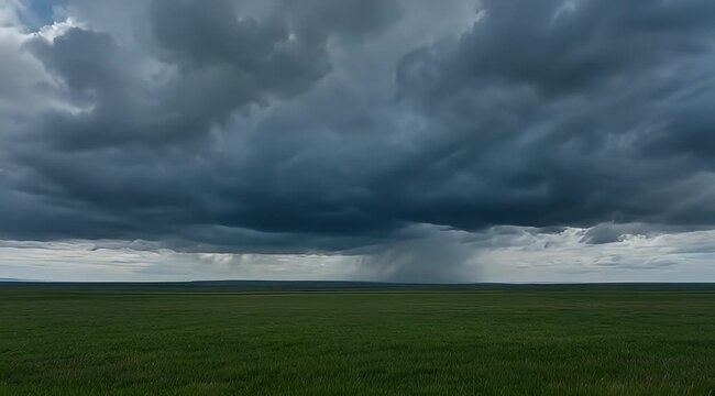 Ominous storm clouds above a green field with a distant rain shower