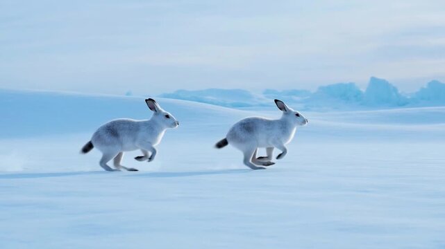 Pair of Arctic Hares Galloping Across a Frozen Winter Plain.