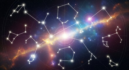 Fototapeta premium Bright constellations connect across colorful cosmic nebula background
