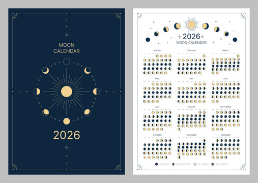 Pocket calendar of moon phase for 2026, lunar cycle planner template. Lunar phase calendar, astrological moon phases calendar banner, poster on dark night and white background vector illustration