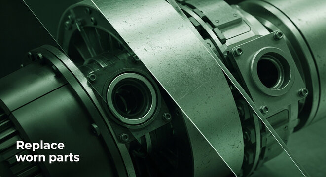 Close-up of industrial machinery with text Replace worn parts.