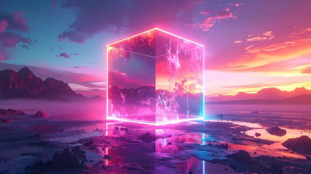 Neon cube illuminated against dramatic sky