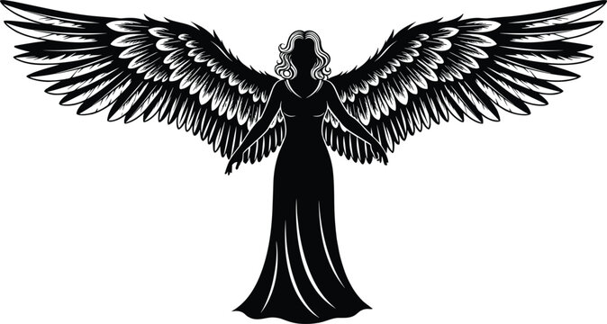 Black angel silhouette with large detailed wings, mystical heavenly guardian figure, spiritual symbol of protection, divine feminine angelic form isolated on light background