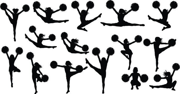 Black silhouette collection of female cheerleaders performing athletic jumps, acrobatic stunts, and high kicks with pom poms isolated on white background for sports design
(25 words)