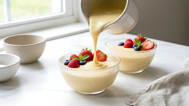 Smooth creamy vanilla custard generously poured into elegant glass bowls topped with fresh berries