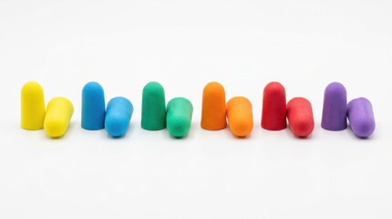 A colorful collection of earplugs arranged in a rainbow spectrum, presented in a clean studio shot with a white background.