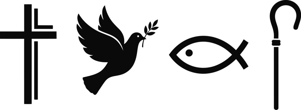 Black silhouette christian symbols cross dove fish staff faith peace worship design