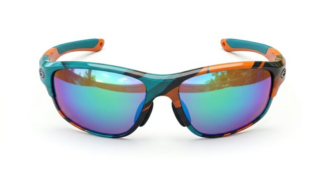 Stylish, colorful sunglasses with mirrored lenses reflecting a vibrant green and blue hue, presented in a clean studio shot against a white background.