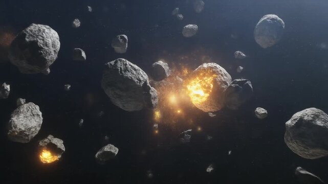 深宇宙でスローモーションで衝突し破片と光る塵を外側に放つ2つの小惑星