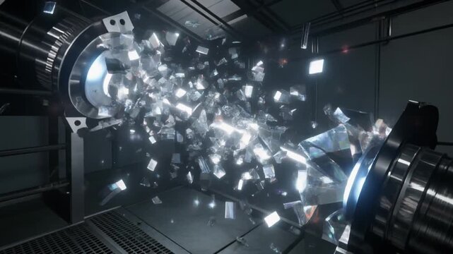 暗い研究室で数千の発光する破片に断片化しゆっくりと浮かぶシンクロトロンビーム