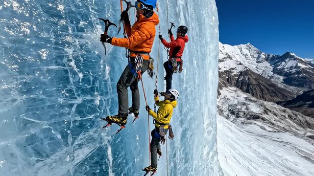 Determined Ice Climbers Ascend Icy Himalayan Glacier