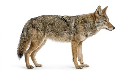Obraz premium A full body profile shot of a wild coyote standing alertly against a clean white background, showcasing its textured fur and alert posture in a neutral mood.