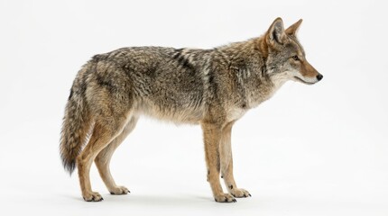 Fototapeta premium A full body profile of a wild coyote standing still against a clean white background, captured in a studio shot with natural lighting and a neutral mood.