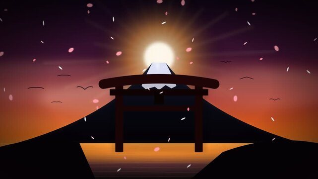 Serene Japanese Torii Gate and Mount Fuji at Sunset with Cherry Blossoms.