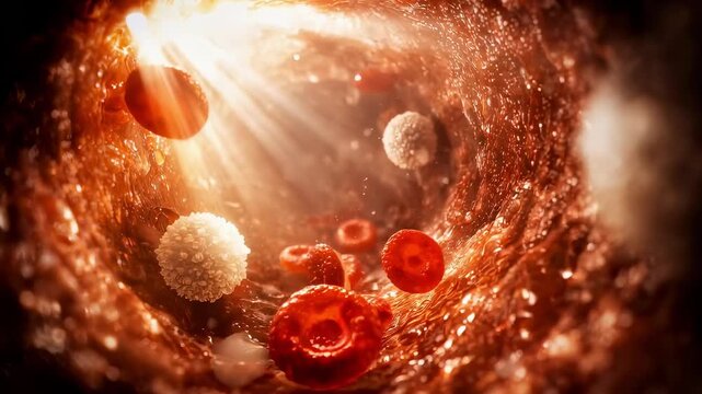 Microscopic journey through a human blood vessel red blood cells, white immune cells, and platelets flow in warm light  medical 3D animation