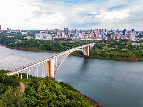 Aerial view of the Ponte da Amizade (Brazil-Paraguay) and Ciudad del Este, Paraguay