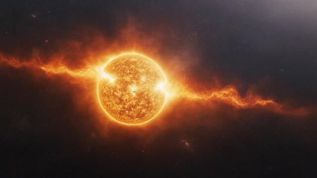 太陽表面から噴出し外側へ広がる巨大な太陽フレアと炎のプラズマ波