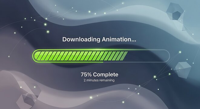 Digital interface displays progress bar indicating a file transfer reaching seventy-five percent completion