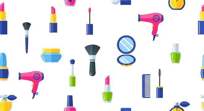 Vibrant makeup and hair tools pattern on white, a beauty montage