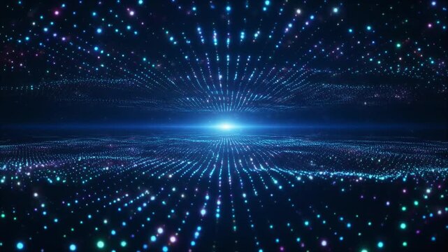 中心点から形成され広がる無数の小さな発光粒子のスローモーション表現