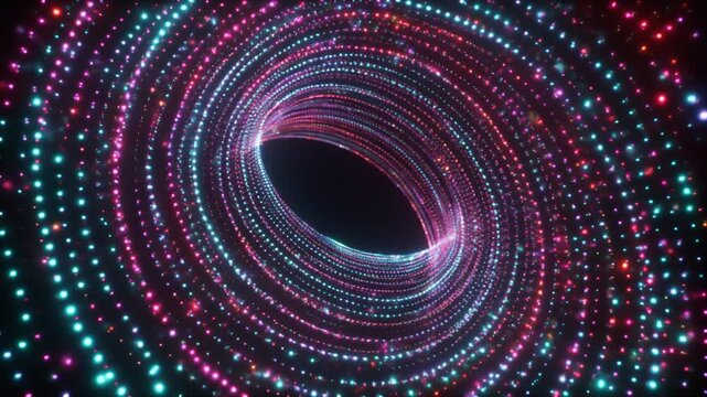 湾曲したシンクロトロンビームの経路から外側へ螺旋状に広がる発光粒子