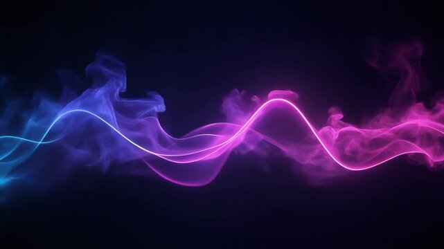 深い黒の背景を水平に移動する光るネオンスモークの波の抽象表現