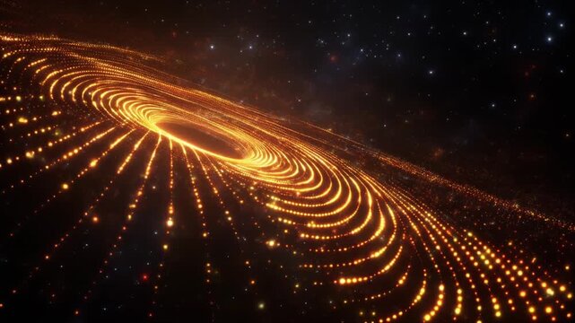 湾曲したシンクロトロンビームの軌道から外側に螺旋状に広がる光る粒子
