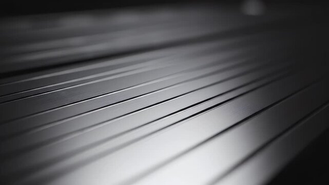 Close-up of angled, parallel metallic surfaces, with dramatic lighting creating depth