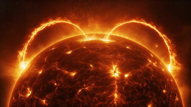 炎のアーチのように太陽表面から噴出する湾曲したプラズマループと輝く火花