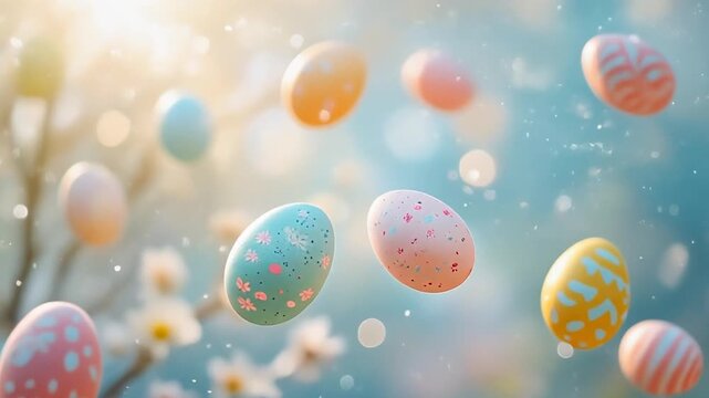 明るい春の背景と柔らかな陽射しの中で優しく浮かぶカラフルなパステルカラーのイースターエッグ
