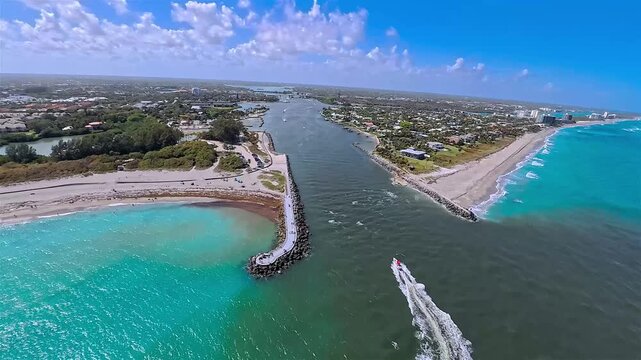 Aerial view of the waterway and buildings in Jupiter Inlet District, contrasting the blue water with the green vegetation, Jupiter, Florida, United States.